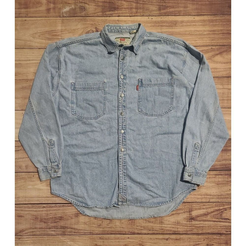 Levis Red Tab Large Mens Button Up Blue Denim Jean Shirt Western Long Sleeve